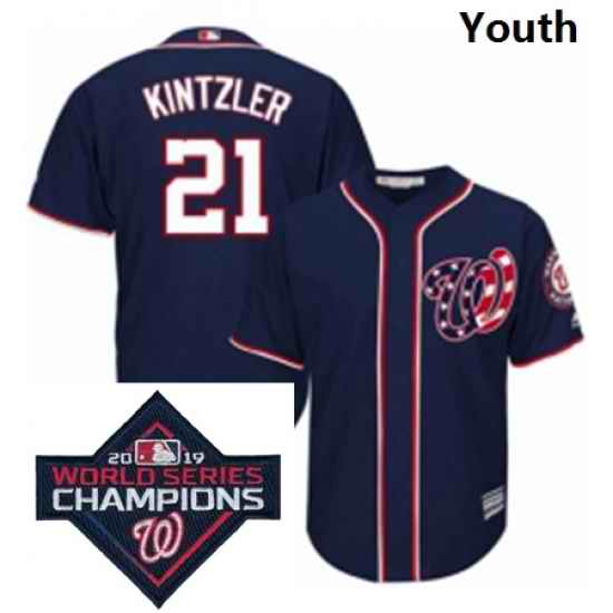 Youth Majestic Washington Nationals 21 Brandon Kintzler Navy Blue Alternate 2 Cool Base MLB Stitched 2019 World Series Champions Patch Jersey